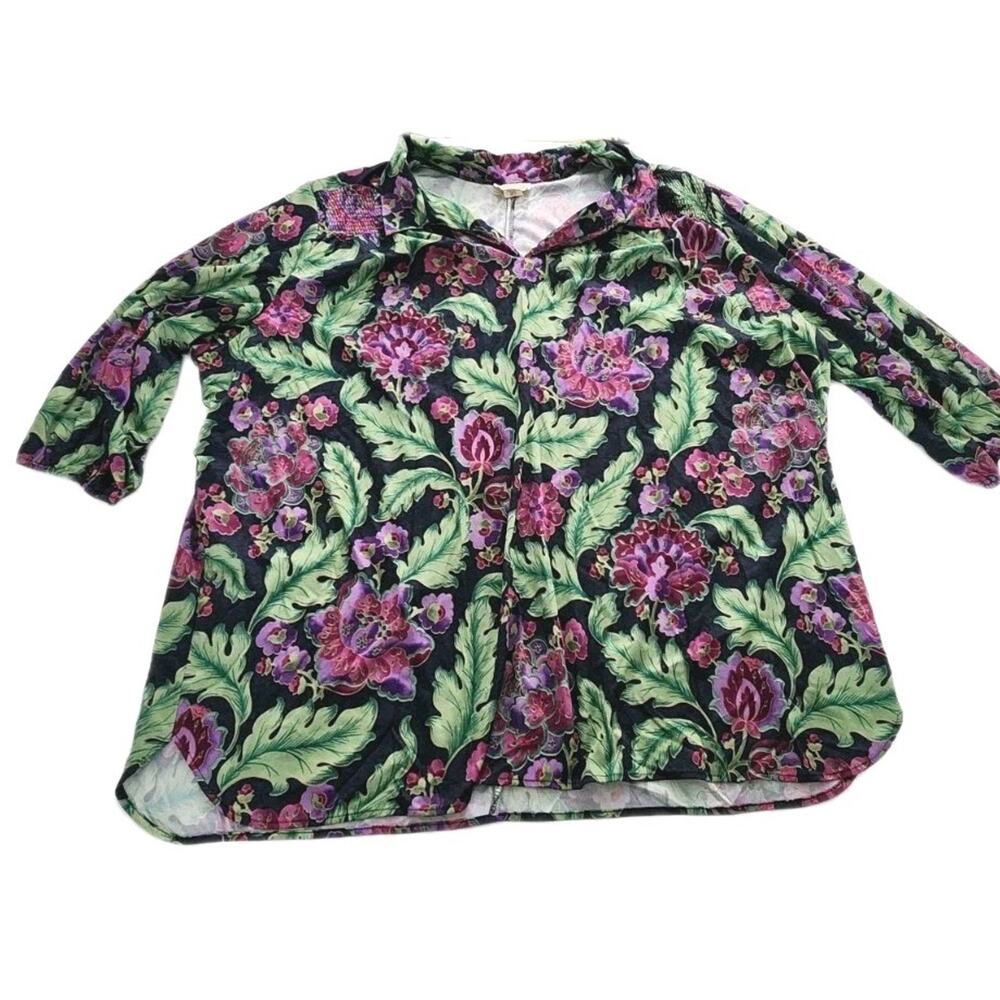 Roamans Shirt Woman 4X Purple Floral Button Pullover Gather Sleeve Tunic Casual
